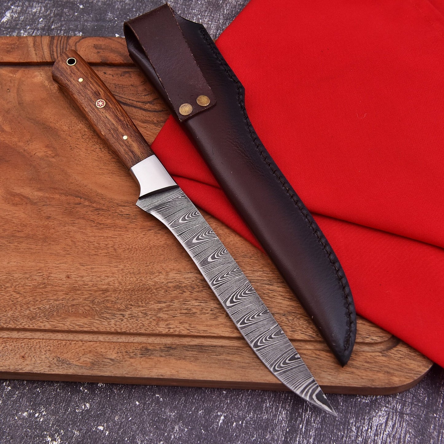 Custom Hand Forged  Damascus Steel  11.8" Fillet Knife Hunting Fishing Rosewood Handle With Leather Sheath Cover