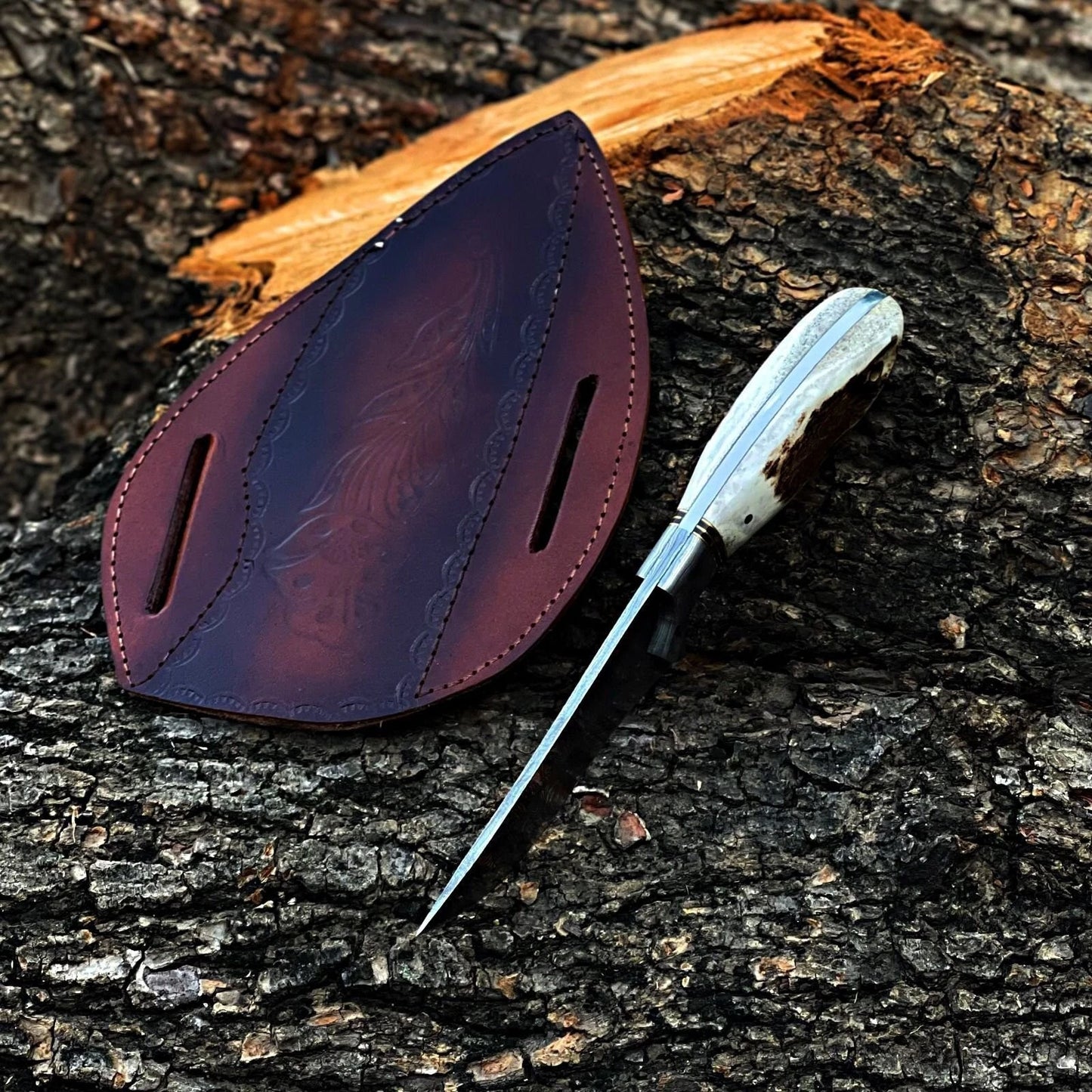 Custom Handmade Hunting Skinner Knife – Damascus Steel Blade with Stag Handle & Leather Sheath | DRSKNIVES HUB
