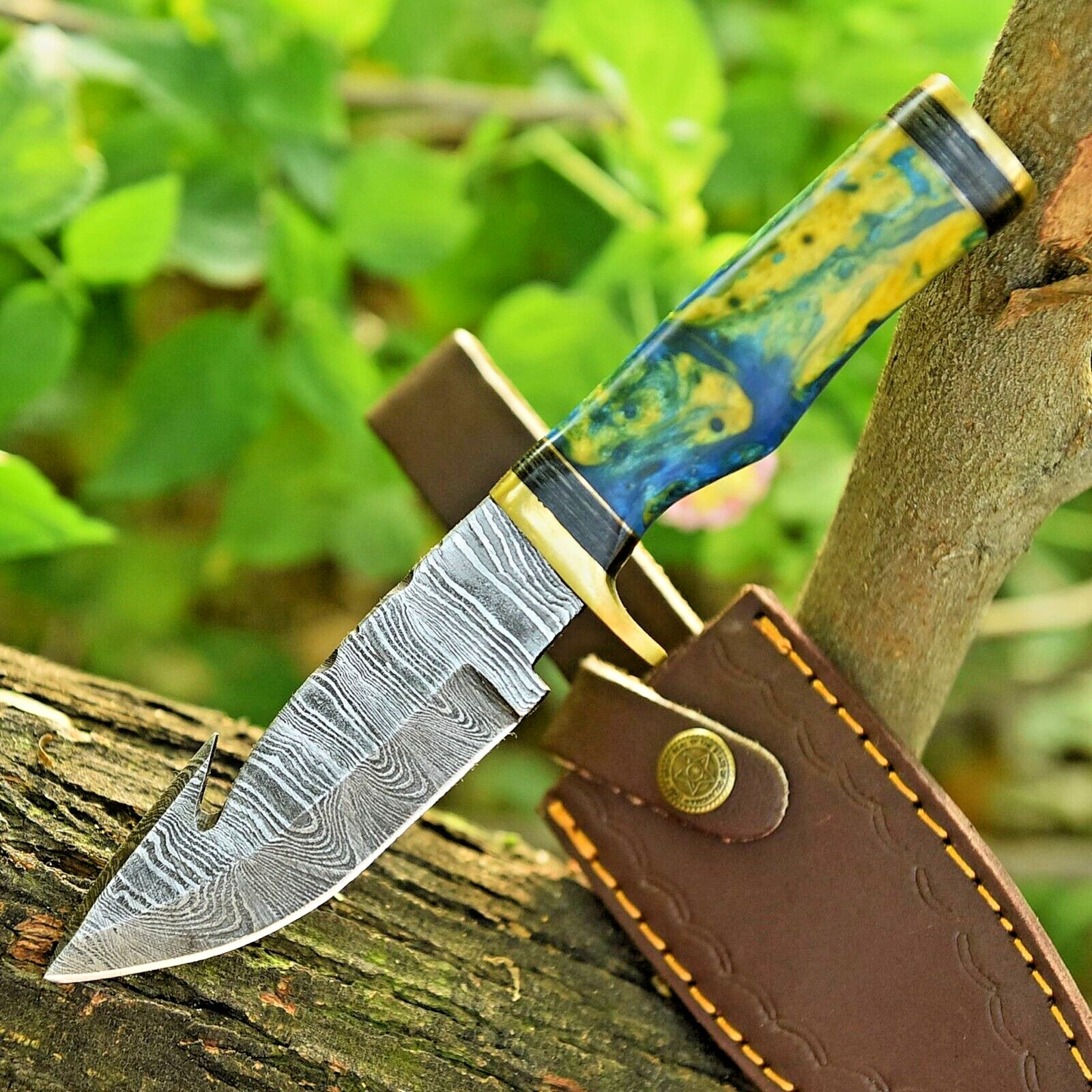 Custom Made Damascus Gut-Hook Blade Knife Unique Resin Handle With LeatherSheath