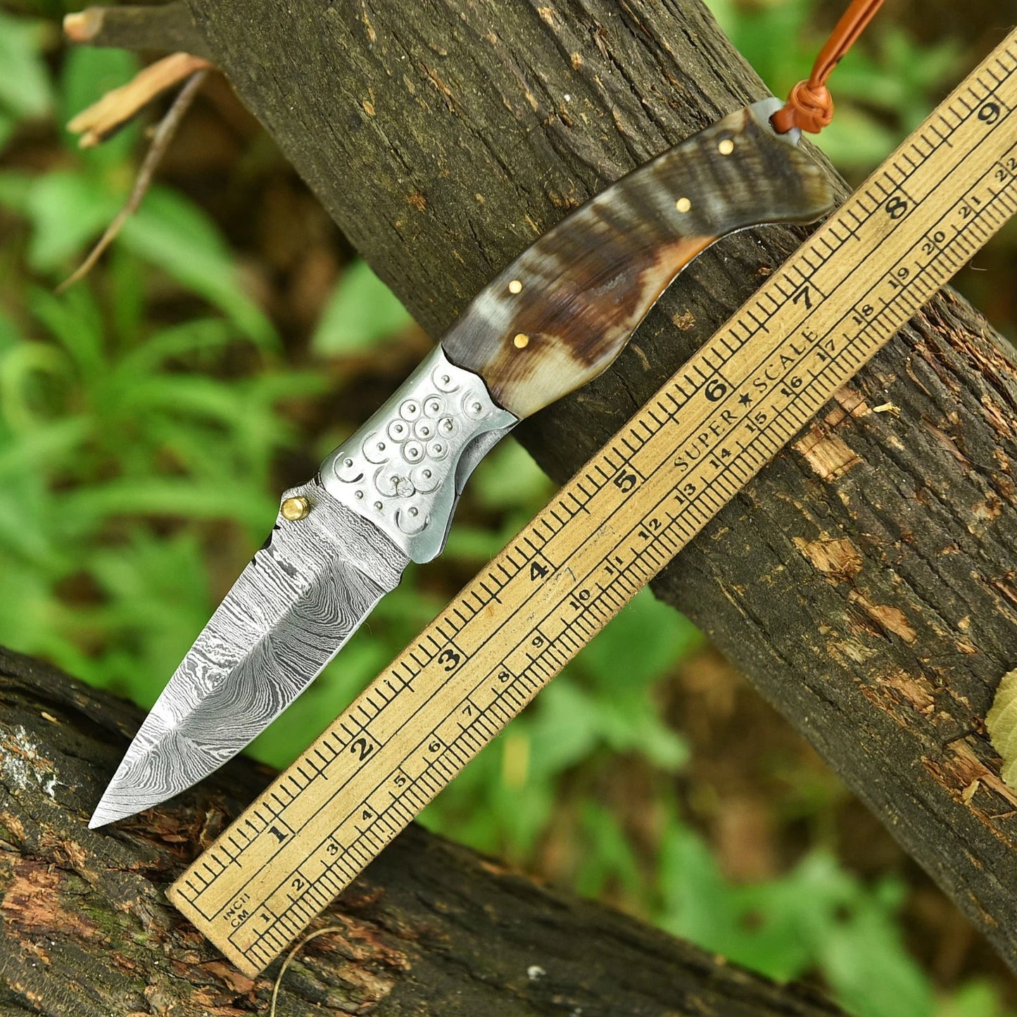 Custom Hancrafted  Damascus Folding Blade Pocket Knife With Leather Cover