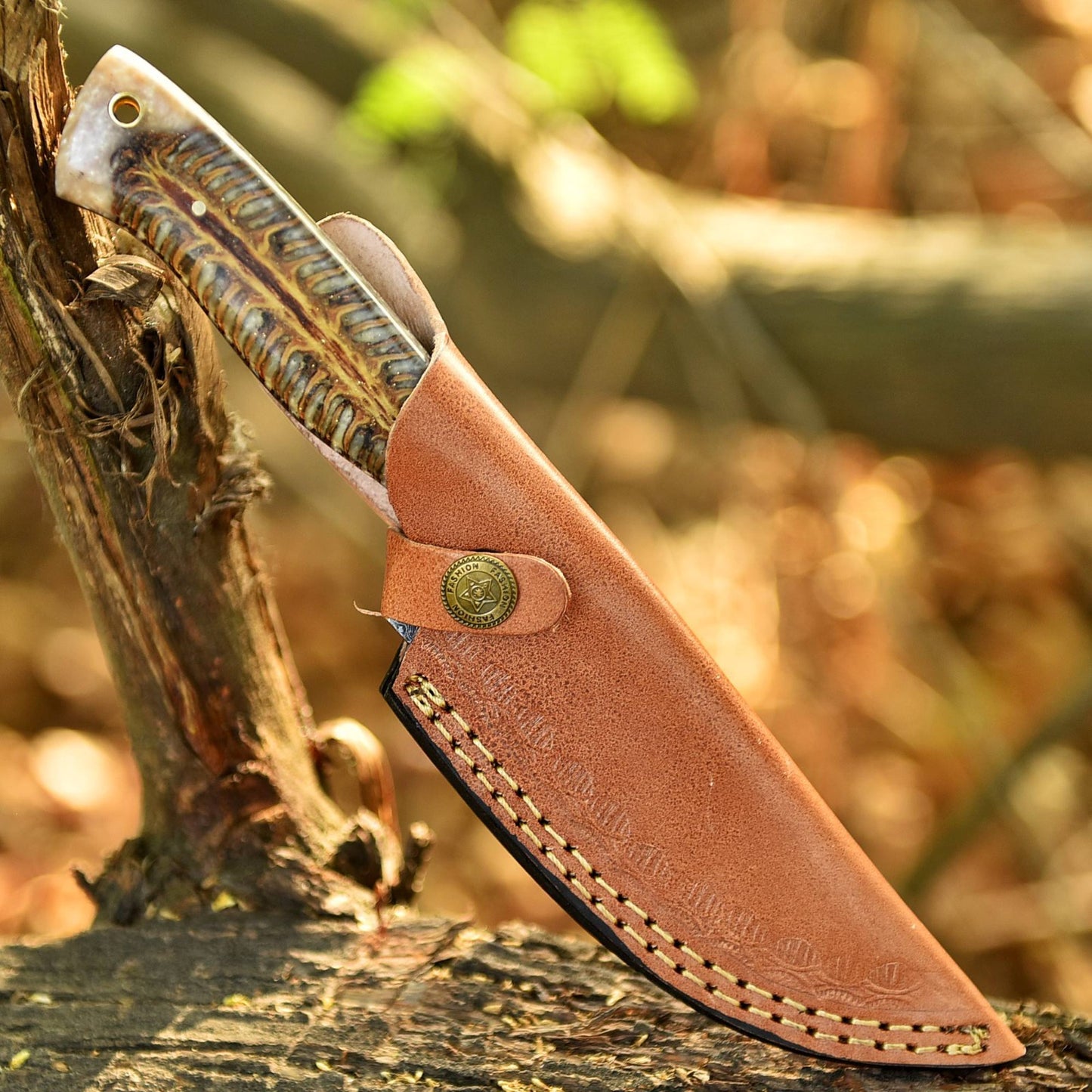 Damascus Steel Blade Hunting Knife Camping Survival Knife With Leather Sheath Cover 