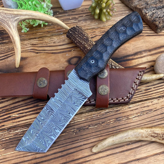 Hand-Forged Damascus Steel Tanto Blade Hunting & Tactical Knife with Leather Sheath | DRSKNIVES HUB 
