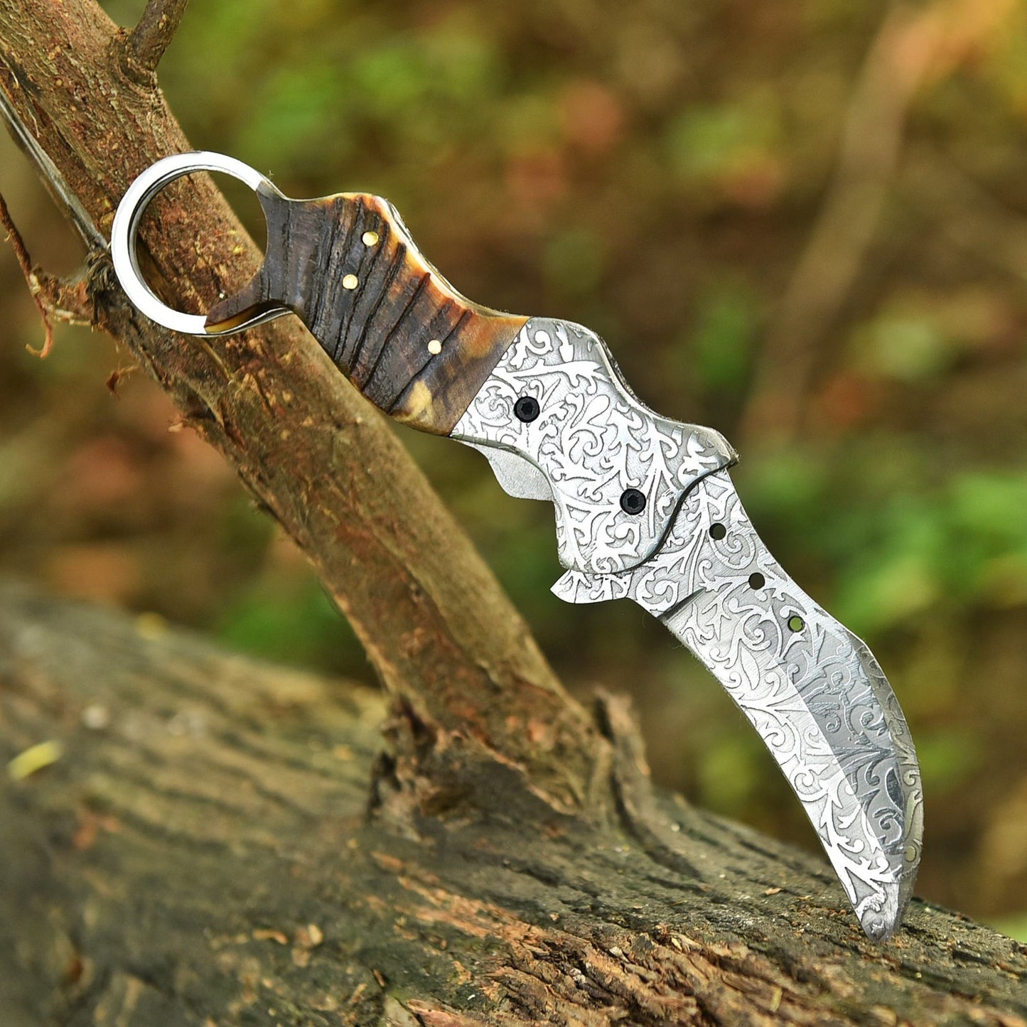 Handmade Folding Karambit Blade Pocket Knife - Engraved Blade With Leather Cover