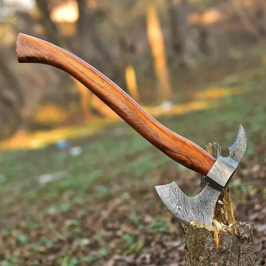 Custom Handmade Damascus Steel Battle & Hunting Axe with Leather Sheath | DRSKNIVES HUB