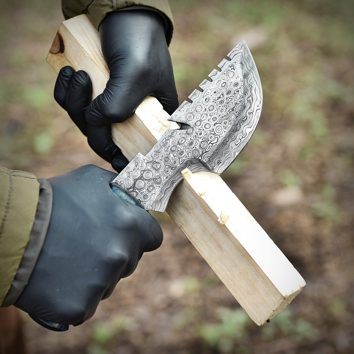Handmade Tracker Knife – Damascus Steel Blade with Blue Wood Handle | Full Tang, 9" Overall Length |DRSKNIVES HUB