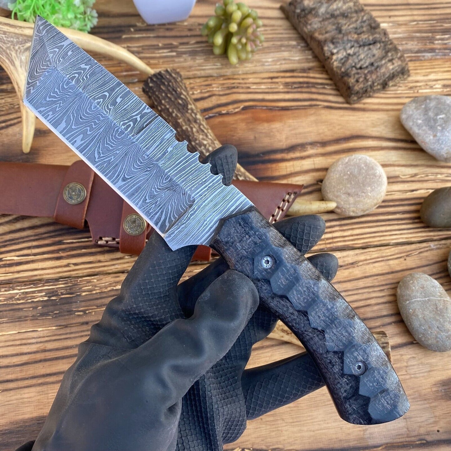 Hand-Forged Damascus Steel Tanto Blade Hunting & Tactical Knife with Leather Sheath | DRSKNIVES HUB 