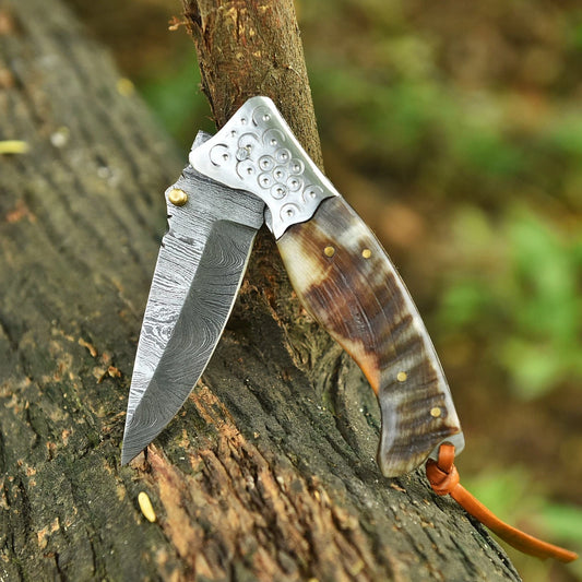 Custom Hancrafted  Damascus Folding Blade Pocket Knife With Leather Cover