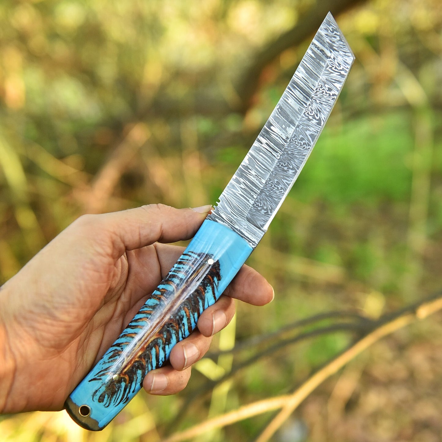 Hand Forged Damascus Steel Blade Tanto Knife Pine Cone Handle Hunting Knife With Leather Sheath Cover