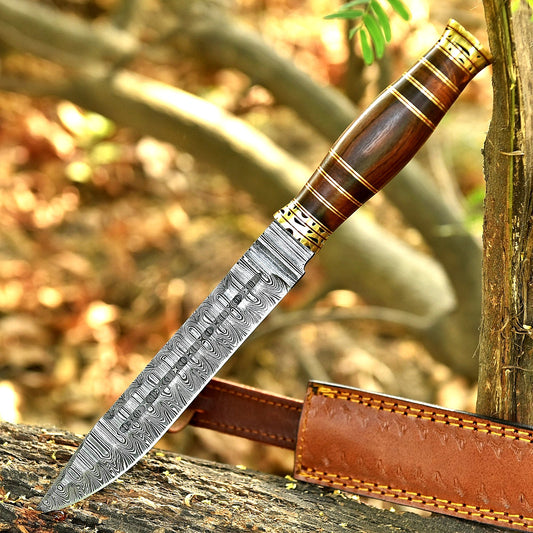 Custom Hand Forged Damascus Steel Bowie Hunting Knife – Survival Blade with Leather Sheath