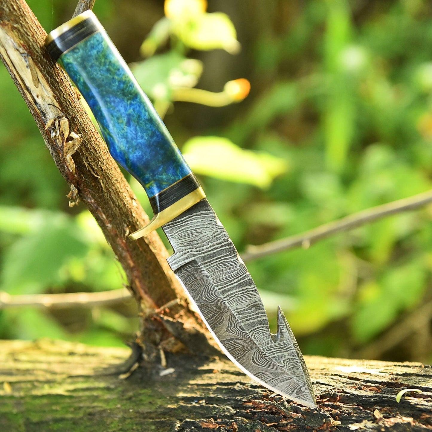 Custom Made Damascus Gut-Hook Blade Knife Unique Resin Handle With LeatherSheath