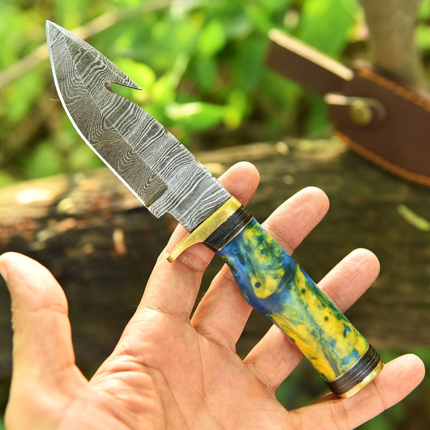 Custom Made Damascus Gut-Hook Blade Knife Unique Resin Handle With LeatherSheath