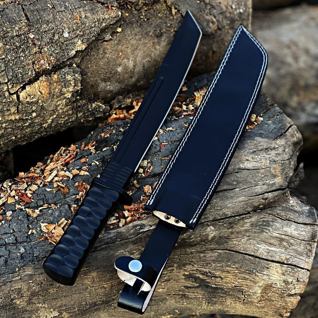 Hand-Forged Carbon Steel Tanto Knife – Black Tactical Survival Blade with Leather Sheath | DRSKNIVES HUB 