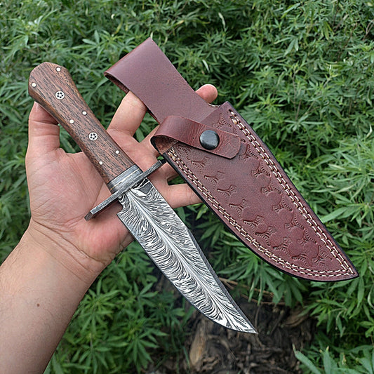 11' Custom Handmade Feather Damascus Bowie Knife Hunting Survival With Leather Sheath Cover