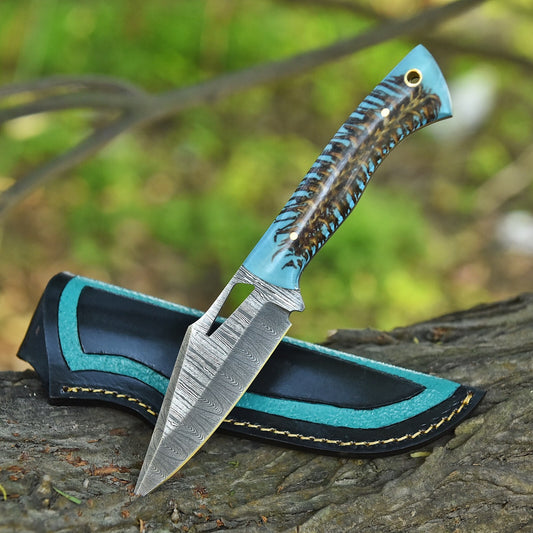 Handcrafted Damascus Steel Hunting and EDC Knife with Stabilized Pine Cone Corelon Handle