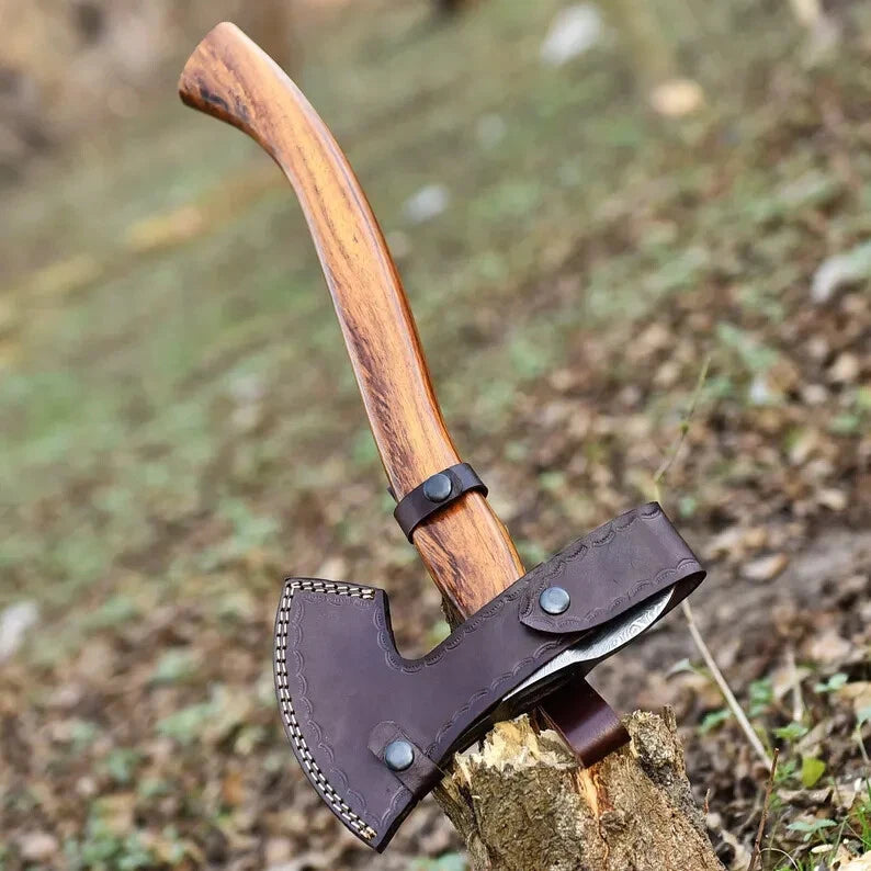 Custom Handmade Damascus Steel Battle & Hunting Axe with Leather Sheath | DRSKNIVES HUB
