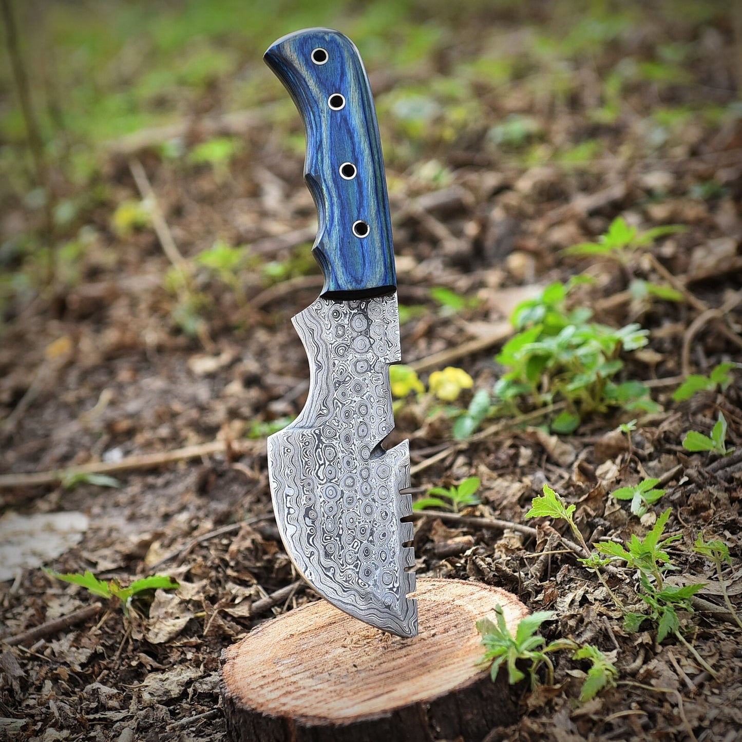 Handmade Tracker Knife – Damascus Steel Blade with Blue Wood Handle | Full Tang, 9" Overall Length |DRSKNIVES HUB