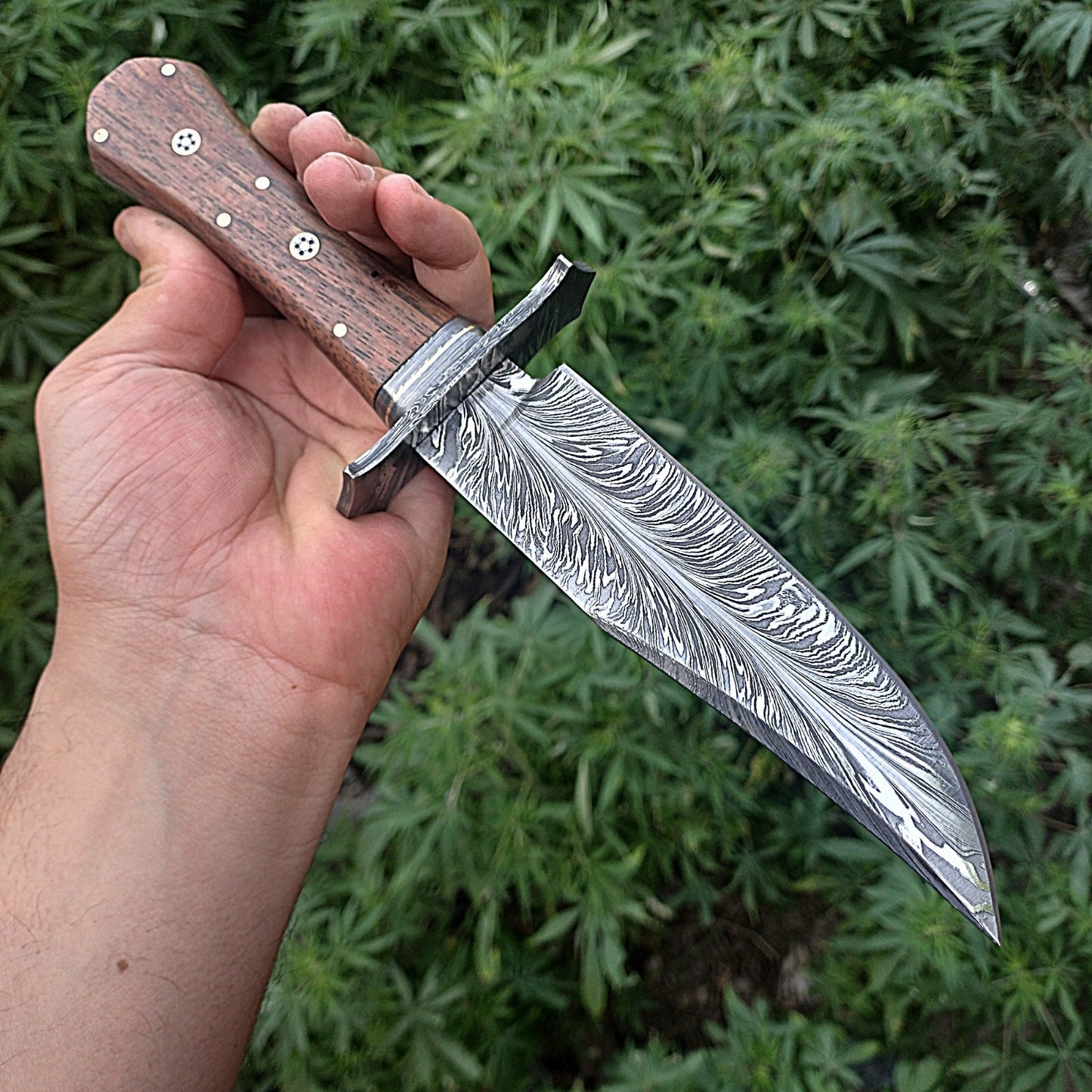 11' Custom Handmade Feather Damascus Bowie Knife Hunting Survival With Leather Sheath Cover