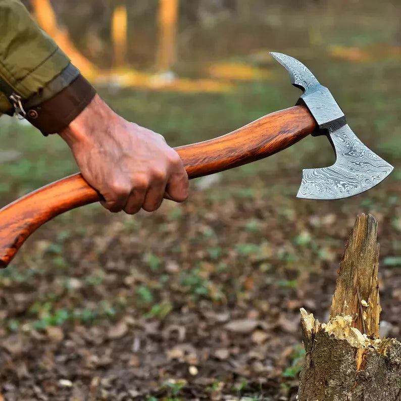 Custom Handmade Damascus Steel Battle & Hunting Axe with Leather Sheath | DRSKNIVES HUB