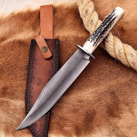 Handmade 14″ Forged Stag Horn Bowie Knife – J2 Steel Hunting Blade with Leather Sheath | DRSKNIVES HUB