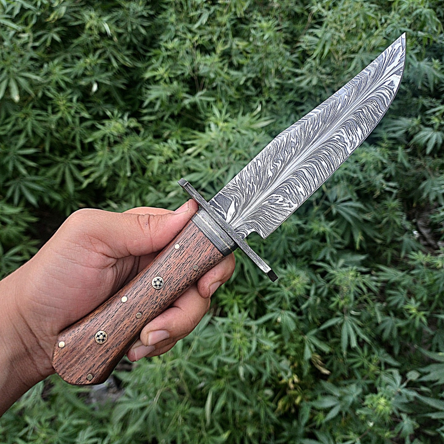 11' Custom Handmade Feather Damascus Bowie Knife Hunting Survival With Leather Sheath Cover