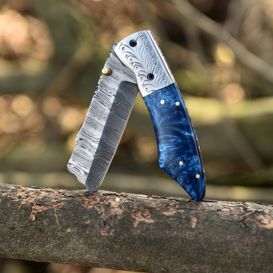 Handmade Damascus Steel Folding Pocket Knife – Twist Pattern Blade with Risen Handle & Sheath | DRSKNIVES HUB