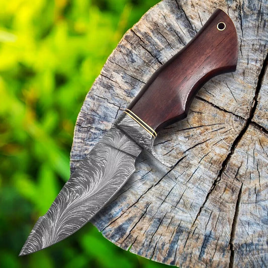 Custom Handmade Hunting Skinner Fixed Blade Feather Damascus Knife W/Sheath