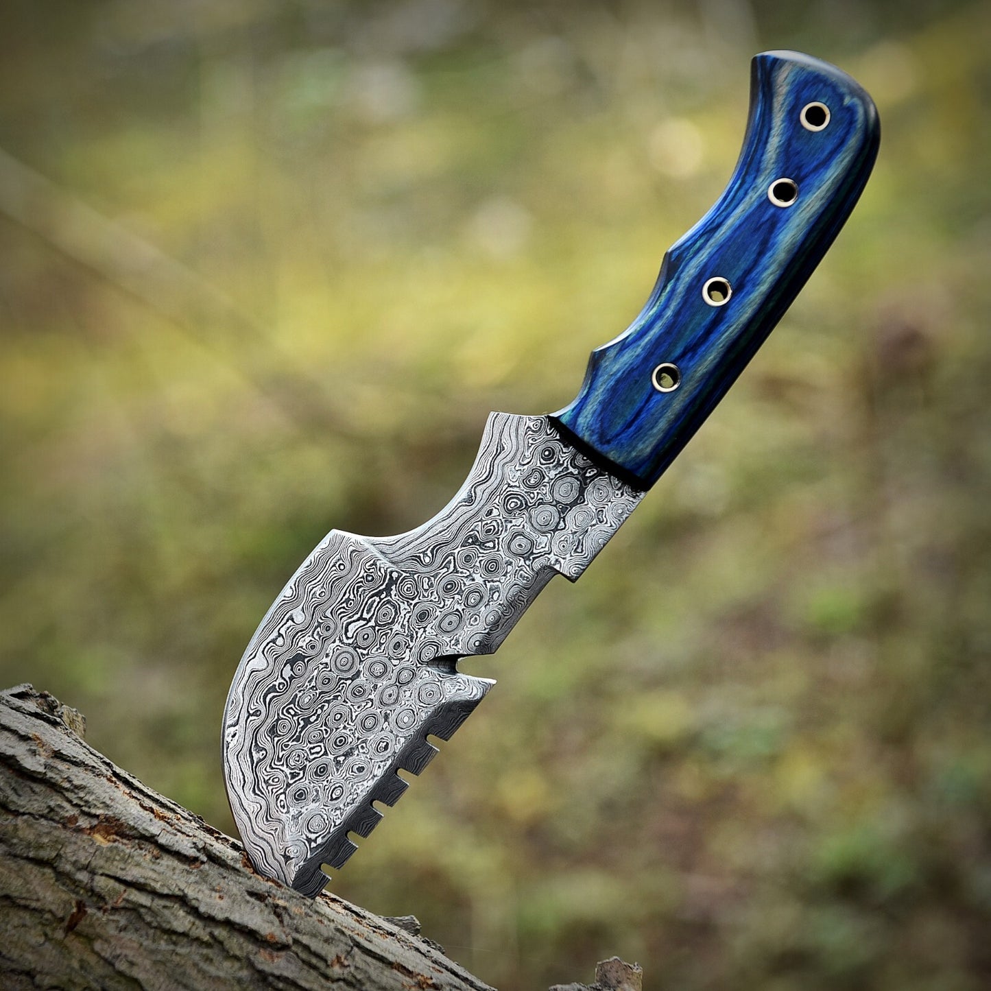 Handmade Tracker Knife – Damascus Steel Blade with Blue Wood Handle | Full Tang, 9" Overall Length |DRSKNIVES HUB