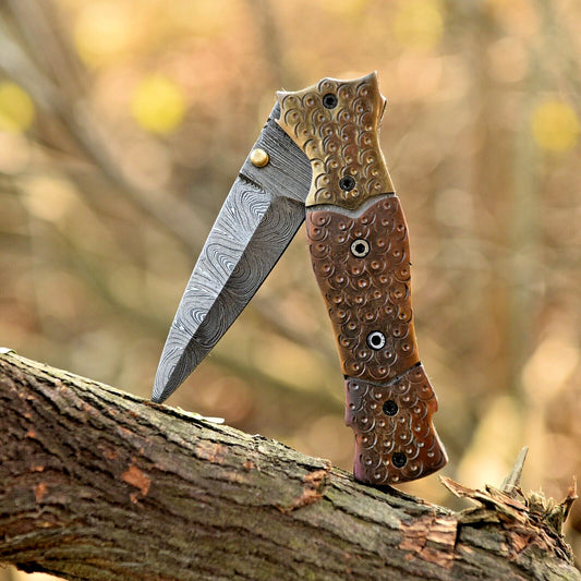 Custom Handmade Forged Damascus Steel Folding Pocket Knife – Survival EDC with Leather Sheath | DRSKNIVES HUB