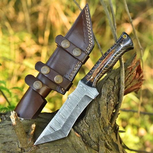 Damascus Steel Tanto Camping Knife | Pine Cone Handle || DRSKNIVES HUB