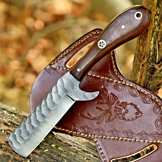 Custom Hand Forged High Carbon Steel Bull Cutter Knife – Wood Handle with Leather Sheath