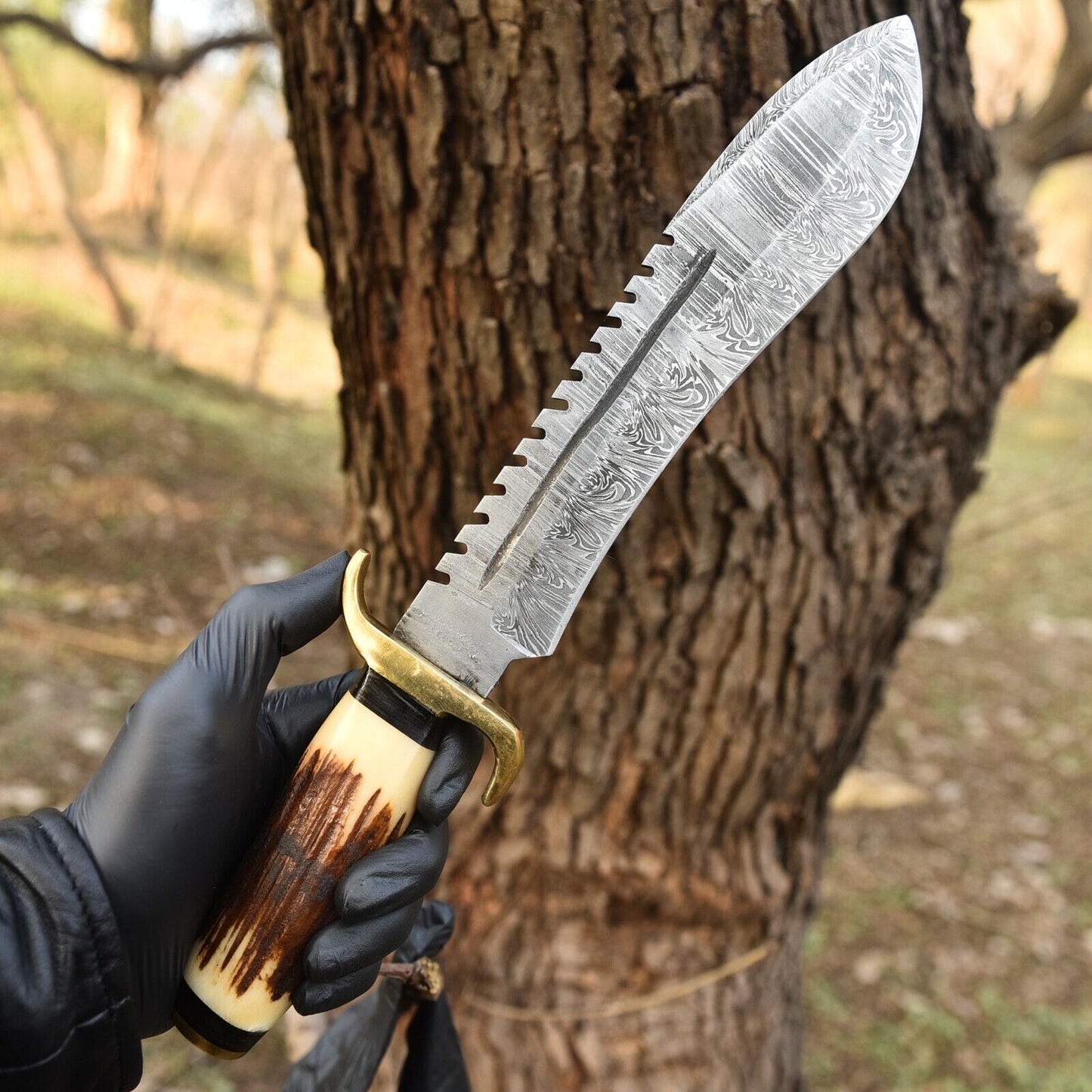Custom Hand‑Forged 512‑Layer Damascus Steel Hunting Bowie Knife – 15.5″ Overall with Brass & Bone Handle | DRSKNIVES HUB