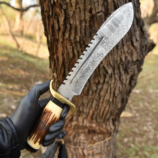 Custom Hand‑Forged 512‑Layer Damascus Steel Hunting Bowie Knife – 15.5″ Overall with Brass & Bone Handle | DRSKNIVES HUB