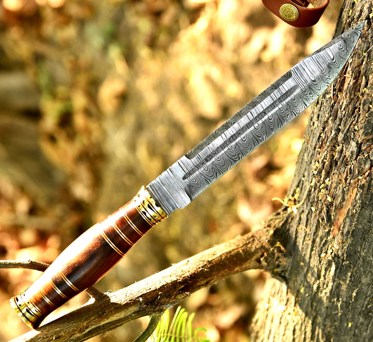 Custom Hand Forged Damascus Steel Bowie Hunting Knife – Survival Blade with Leather Sheath