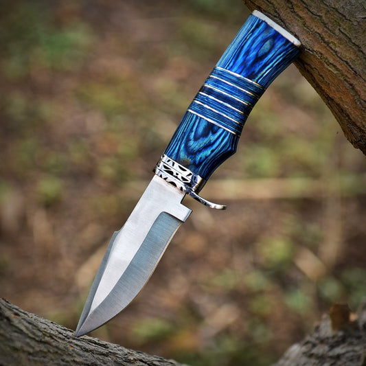 Premium Handcrafted  D2 Steel Hunting Knife – Blue Wood Handle | 7" Full Tang EDC Knife |DRSKNIVES HUB