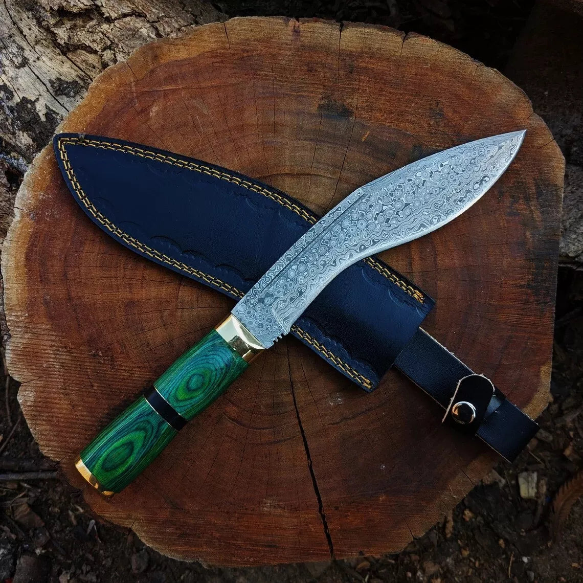 Damascus Steel Rain Drop Pattern Full Tang Machete Hunting Camping Knife with Leather Sheath kukri knife