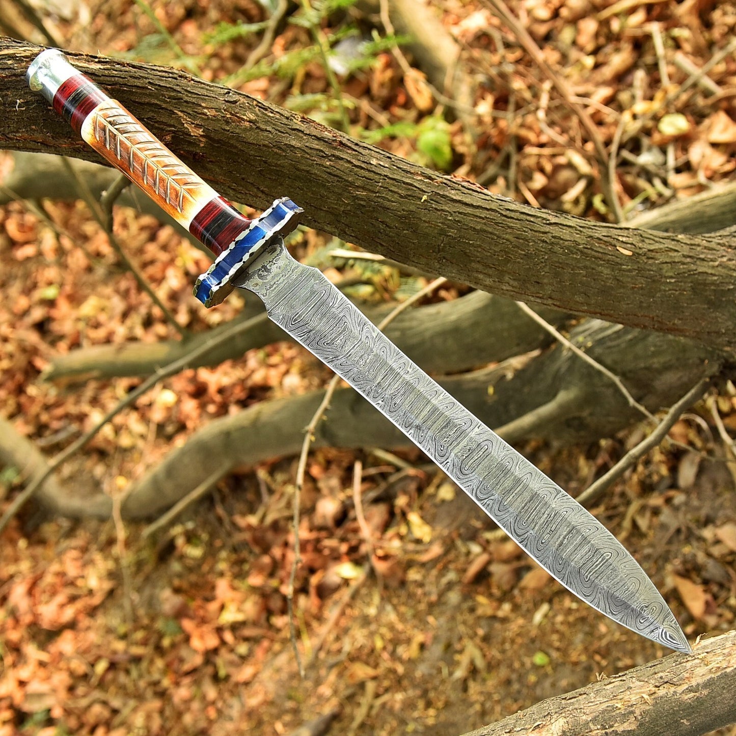 Damascus Steel Arming Knight Sword W Leather Sheath - DRS KNIVES HUB
