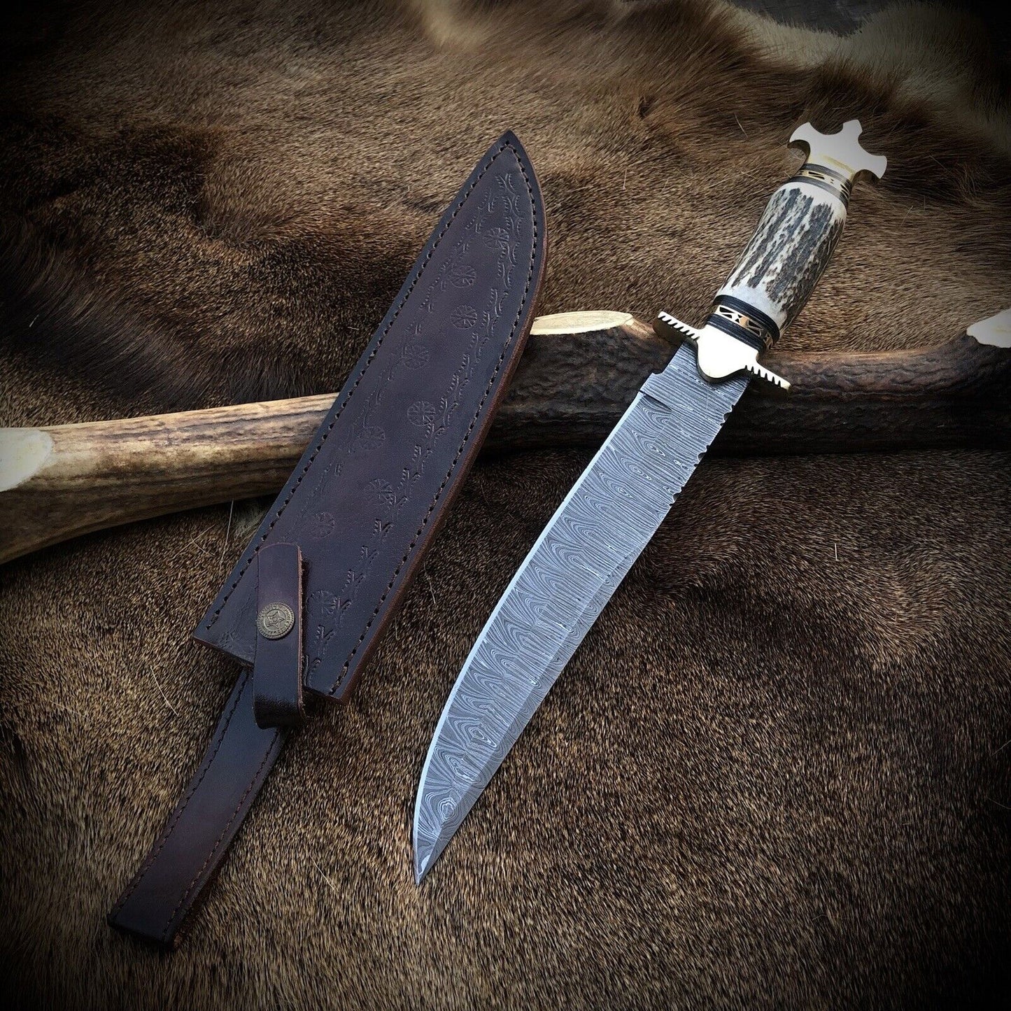 Antler Cross Bowie Custom Made Fixed Blade Damascus Hunting With Leather Sheath
