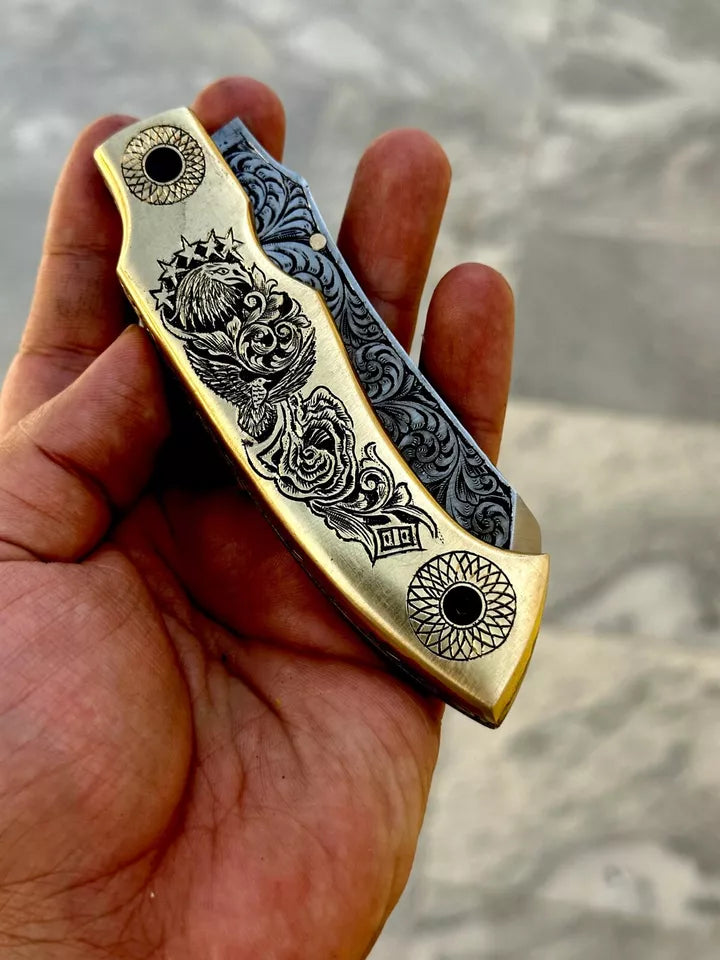 D2 Steel folding knife Hand Engraved With brass On Handle with sheath