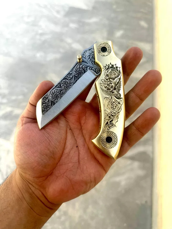 D2 Steel folding knife Hand Engraved With brass On Handle with sheath