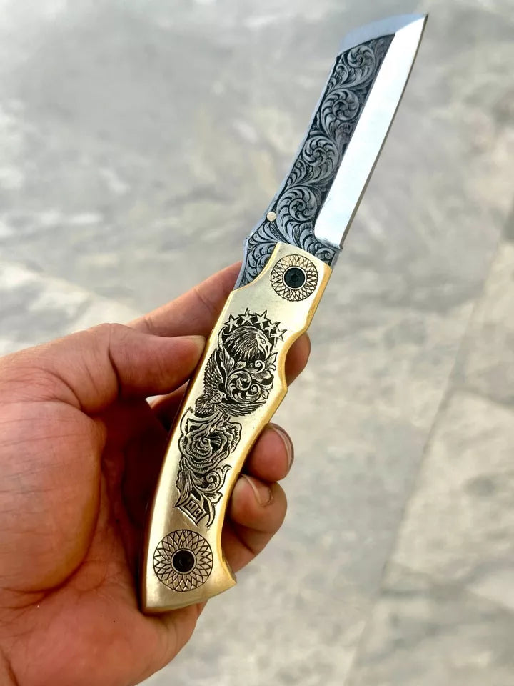 D2 Steel folding knife Hand Engraved With brass On Handle with sheath