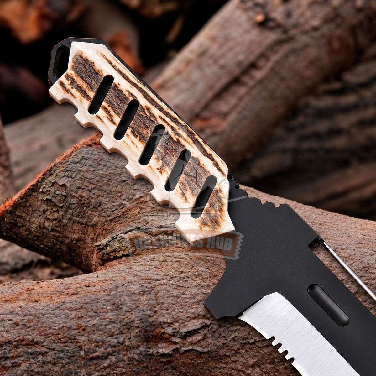 Handmade Stainless Steel Hunting  Bowie Knife  Powder Coated Blade Stag Antler Handle, Leather Sheath DRSKNIVES HUB