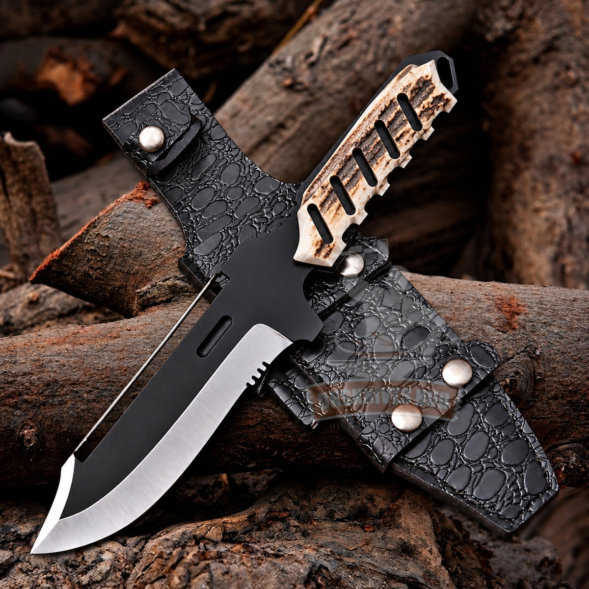 Handmade Stainless Steel Hunting  Bowie Knife  Powder Coated Blade Stag Antler Handle, Leather Sheath DRSKNIVES HUB