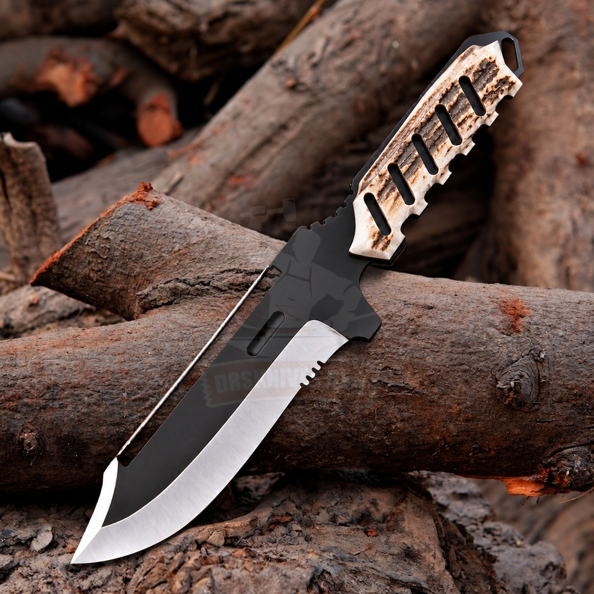 Handmade Stainless Steel Hunting  Bowie Knife  Powder Coated Blade Stag Antler Handle, Leather Sheath DRSKNIVES HUB
