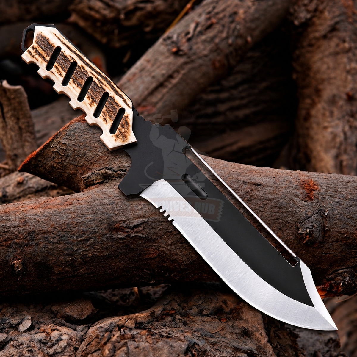 Handmade Stainless Steel Hunting  Bowie Knife  Powder Coated Blade Stag Antler Handle, Leather Sheath DRSKNIVES HUB