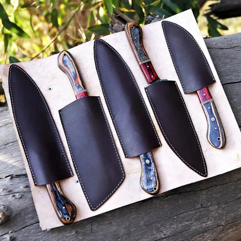Wood handle Damascus chef knives
